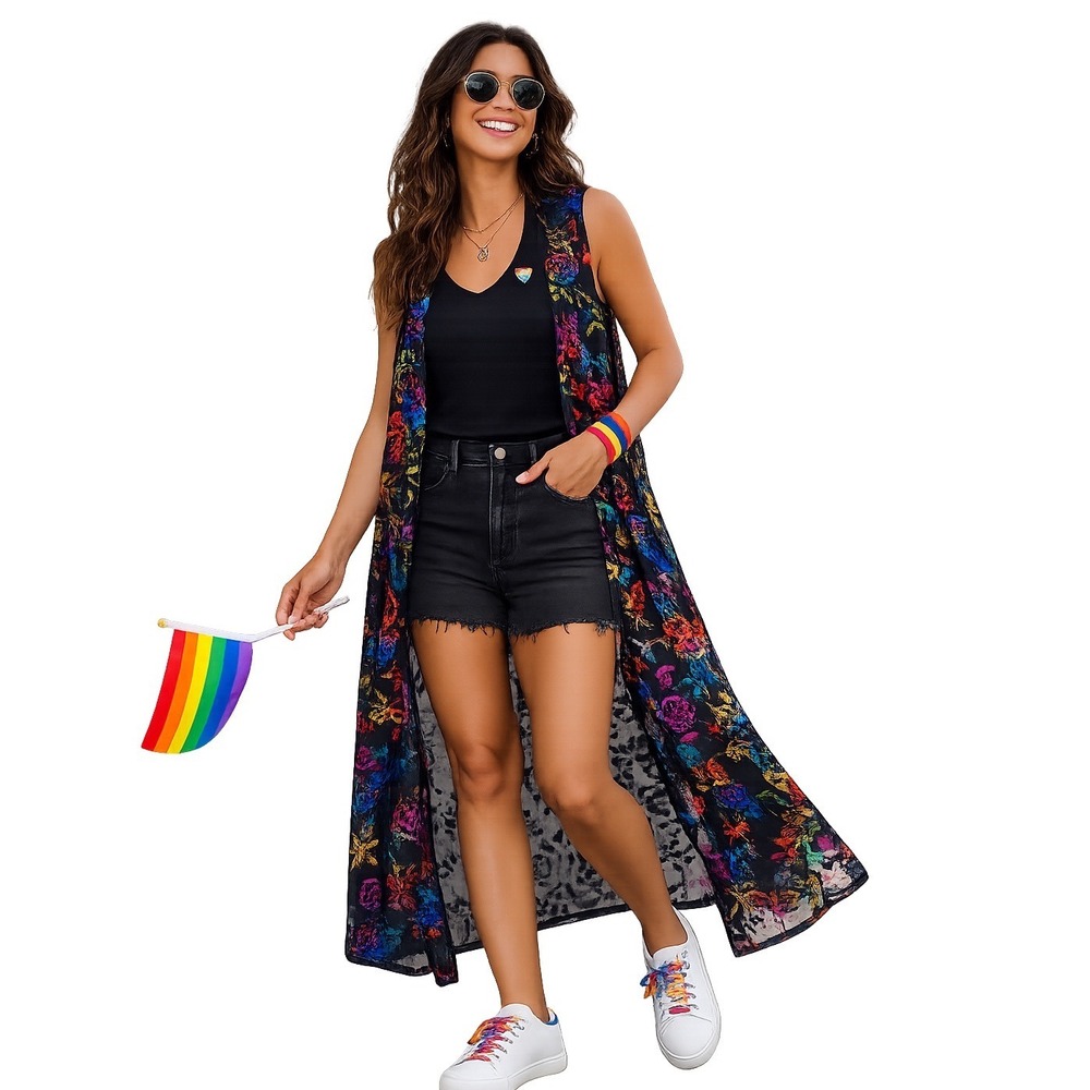 LuLaRoe Womens Large Black Rainbow Metallic Floral Foil Sheer Duster Vest Long